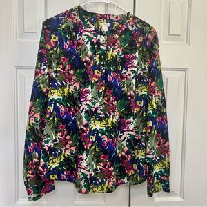 J Crew Multi Color Floral Long Sleeve Button Down Pop Over Top Size XL